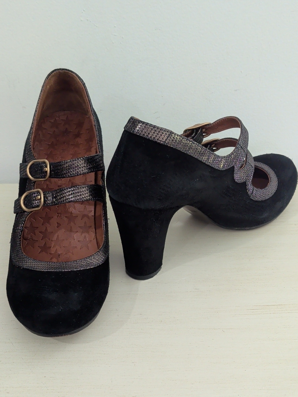 Chie Mihara Black Suede Mary Jane Heels with Metallic Trim Size 36.5